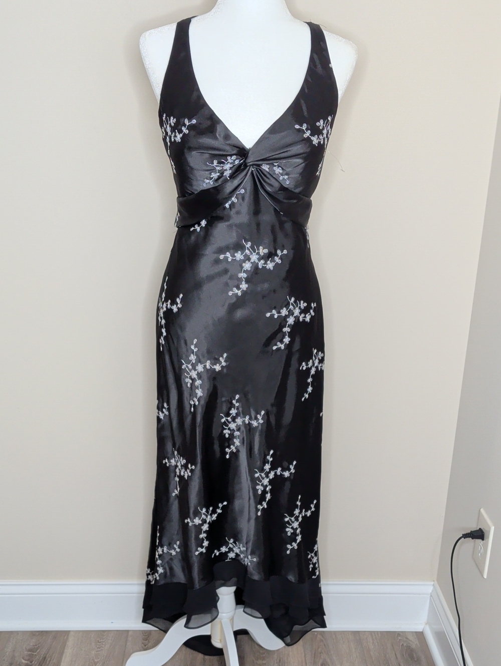 Betsy & Adam Black Satin Maxi Dress with White Floral Embroidery Size 8